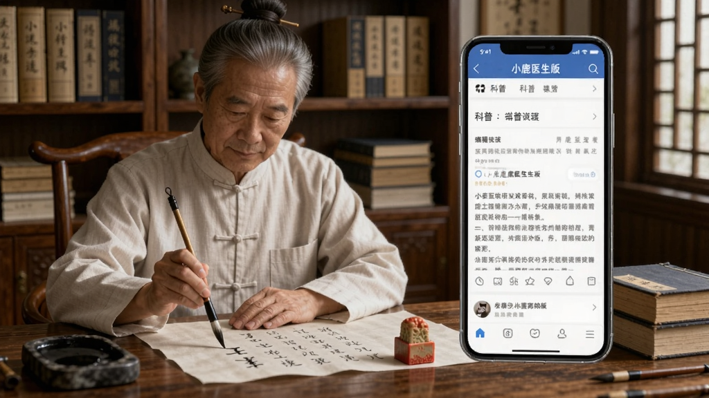 画面中一位中医师手持毛笔在宣纸上书写药方,旁边悬浮着“小鹿医生版”手机界面,界面显示科普文章编辑页面,背景为书房场景,书架上有中医典籍,布局左侧人物右侧手机界面,风格国风写实,细节有砚台和印章,画质细腻干净,无多余元素