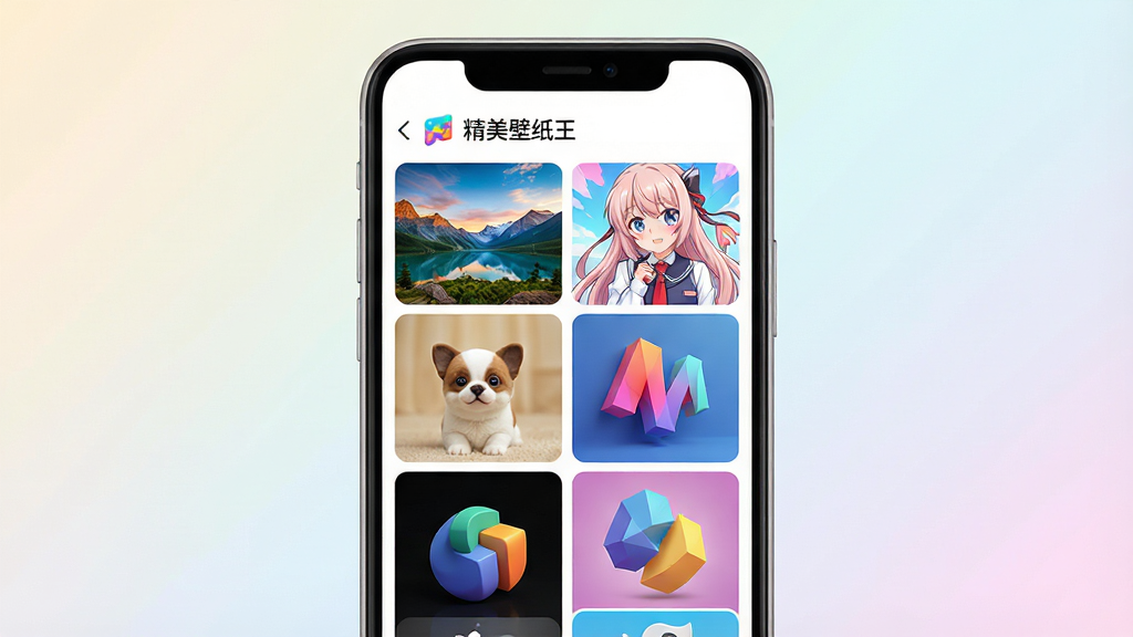一张手机屏幕展示精美壁纸王应用界面,主体是居中摆放的安卓手机,屏幕内显示多张高清壁纸缩略图以网格排列,包含风景、动漫、萌宠、3D抽象等风格,布局简洁清晰,排版为手机正面视角、背景为柔和浅色渐变,风格现代清爽,细节上手机边框圆润、壁纸色彩鲜艳、界面顶部有“精美壁纸王”文字标识,画质高清,干净,无多余元素