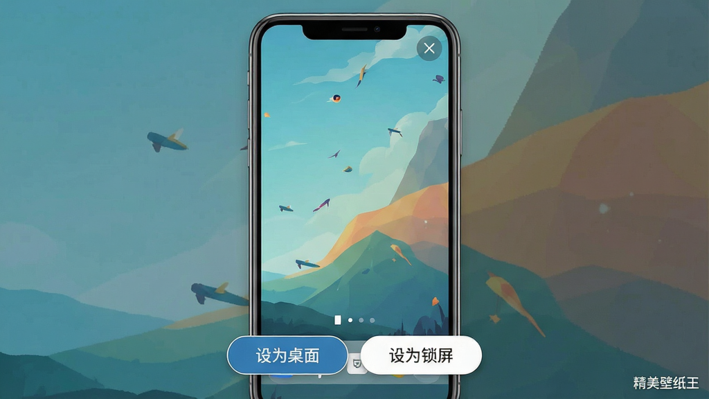 一张展示精美壁纸王一键设置功能的图片,主体是手机全屏预览壁纸的画面,布局为居中大图预览、底部悬浮操作按钮,排版简洁,风格现代扁平,细节包括预览图清晰、底部有“设为桌面”“设为锁屏”按钮、右上角有关闭图标、画面中有“精美壁纸王”小字标识,画质高清,干净,无多余元素