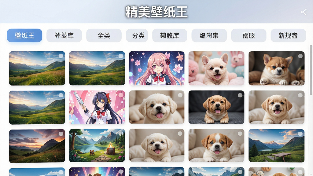 一幅展示精美壁纸王海量图库的AI图片,主体为展开的壁纸分类面板,布局采用上下结构,上方是分类标签栏,下方是瀑布流壁纸缩略图,排版整齐,风格清新明亮,细节包括风景、动漫、萌宠等多样化缩略图、分类标签清晰可见、顶部有“精美壁纸王”字样,画质高清,干净,无多余元素