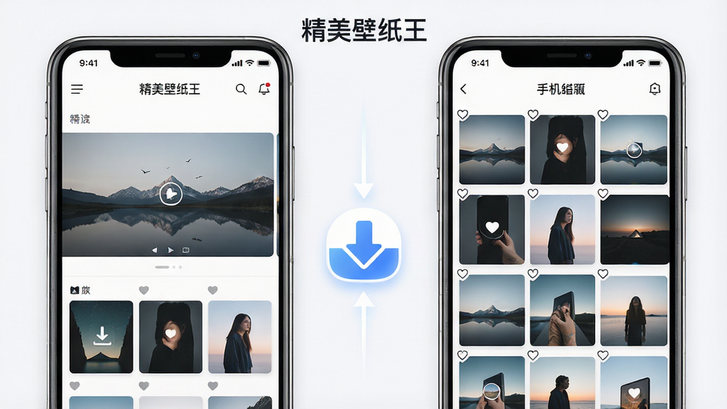 一幅表现精美壁纸王离线收藏功能的AI图片,主体为手机相册与壁纸应用之间的传输示意,布局左右分栏,左侧是壁纸应用界面、右侧是手机相册网格,排版清晰,风格简约科技感,细节包括下载箭头图标、收藏心形标记、相册缩略图、顶部有“精美壁纸王”文字,画质高清,干净,无多余元素