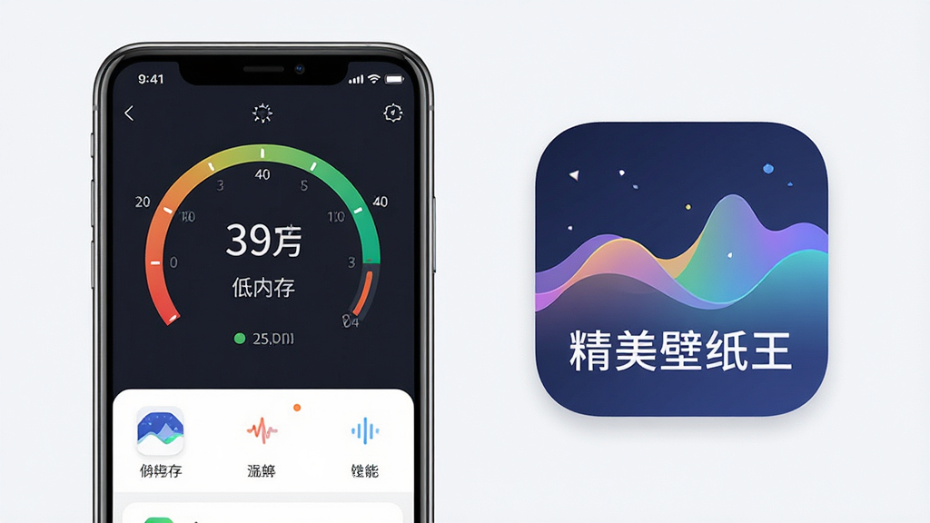 一张展示精美壁纸王轻量运行的图片,主体是手机性能仪表盘与壁纸应用图标并列,布局为居中对称,排版简洁,风格清爽商务,细节包括低内存占用数值、流畅曲线、应用图标上有“精美壁纸王”字样,画质高清,干净,无多余元素