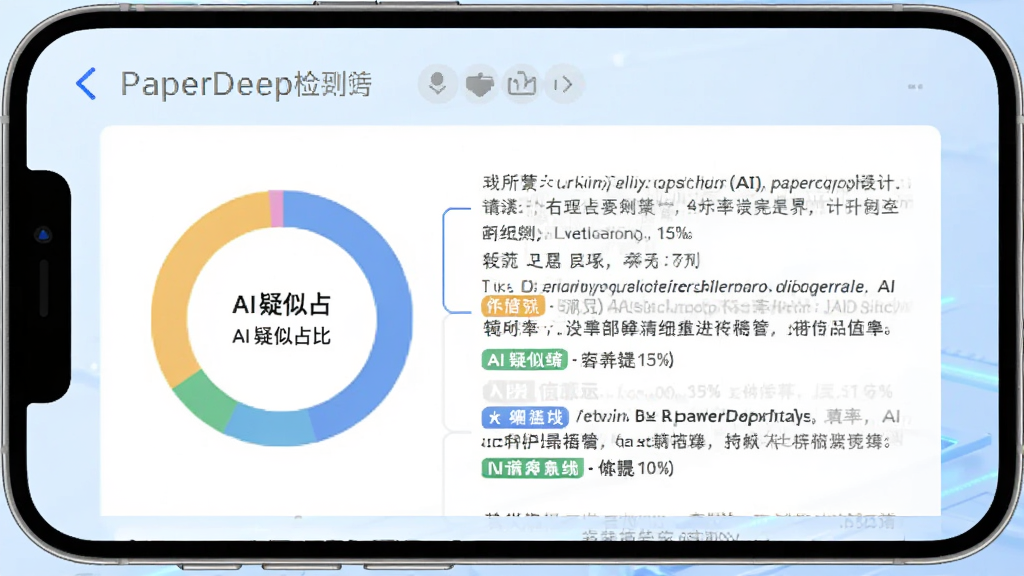 PaperDeep����AI�ʼ�⹦�ܽ����ͼ���ֻ���Ļ��ʾһ�ݼ�ⱨ�棬��������Բ��ͼ��չʾAI����ռ�ȣ��Ա��г��������ı�ע˵��������Ϊ����ɫ���䣬���Ƽ���ʮ�㣬����ɾ����࣬���������ɶ�