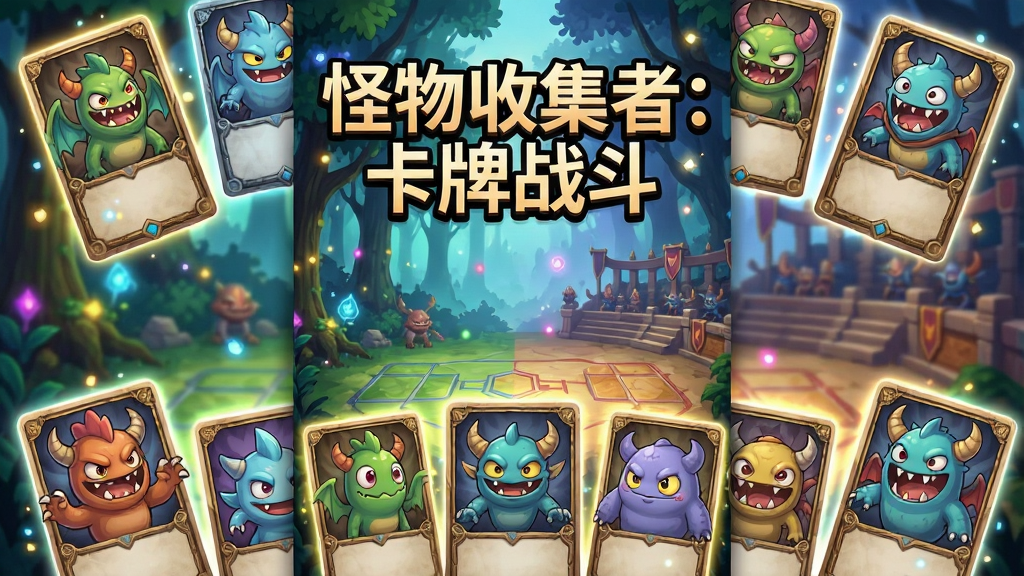 一张竖版手机游戏宣传图,画面中央是“怪物收集者:卡牌战斗”的游戏标题文字,周围环绕多只造型各异的卡通怪物卡牌,背景是魔法森林与竞技场融合的场景,主体突出怪物角色与卡牌元素,布局采用上下分层结构,上方标题下方卡牌展示区,排版居中对称,风格为日系卡通幻想风,细节包含怪物表情、卡牌边框纹理、光效粒子,画质高清干净,无多余元素