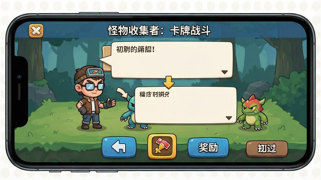 一张“怪物收集者:卡牌战斗”新手引导界面的图片,画面主体是手机屏幕中一位训练师角色与初始怪物对话的场景,布局为上方对话框下方操作按钮,排版简洁明了,风格为卡通教学风,细节包含任务箭头、奖励图标、跳过按钮,画质清晰干净,无多余元素
