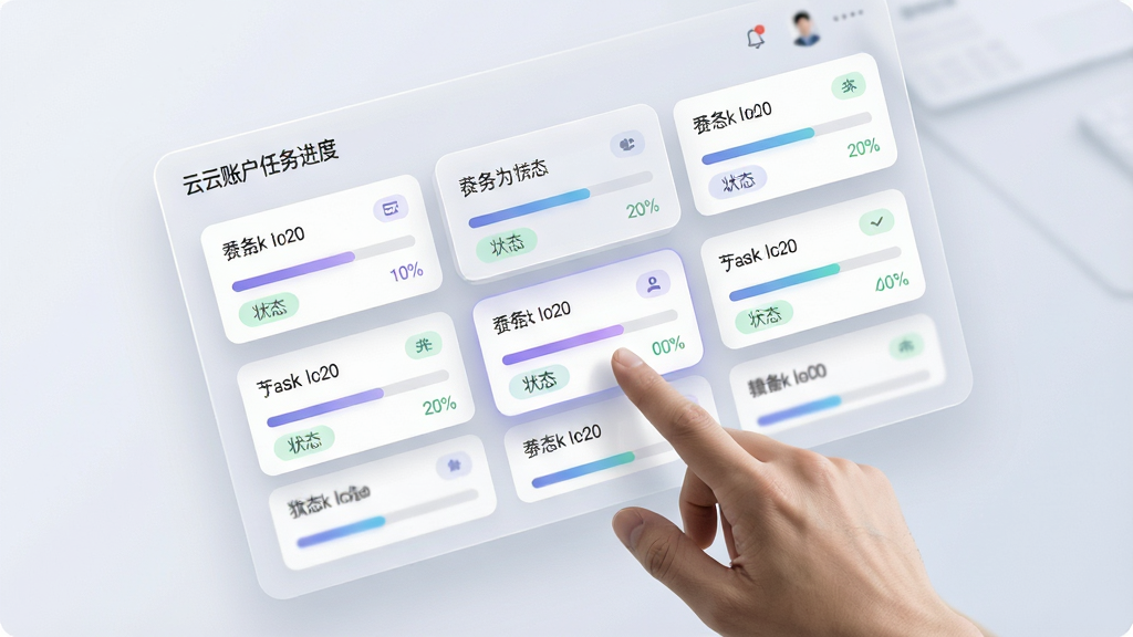 一张展示云账户任务进度追踪功能的AI生图,画面主体为一块悬浮在空中的半透明任务面板,面板上排列着多个任务卡片,每张卡片带有进度条与状态标签,面板下方有一只手正点击其中一张卡片,布局为对角线构图,排版层次分明,风格为轻拟物科技风,细节上进度条颜色渐变、卡片阴影柔和、文字占位清晰,画质高清,画面干净,无多余元素。