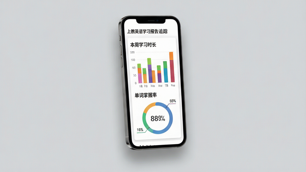 一张展示上教英语学习报告追踪功能的图片,画面主体是手机屏幕显示彩色图表,包括柱状图和环形进度条,标注着本周学习时长和单词掌握率,手机悬浮在简洁的灰色背景中,布局居中,风格为数据可视化界面设计,细节包括图表阴影和数字字体,画质高清,干净,无多余元素