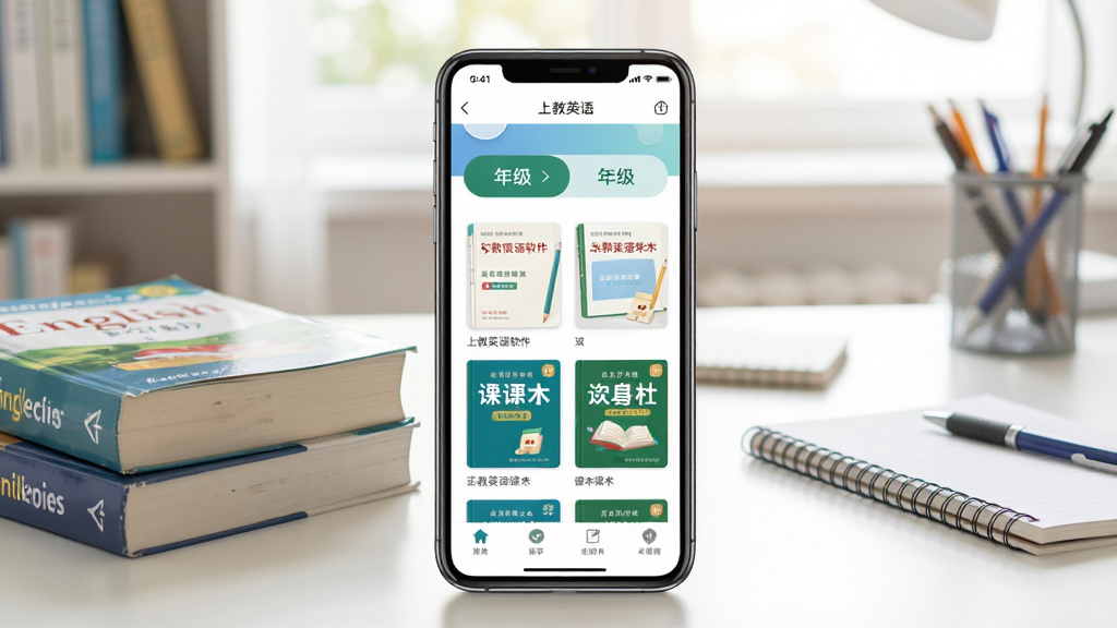 一张展示上教英语软件主界面的图片,画面中央是打开的手机屏幕,屏幕内显示上教英语APP的首页,有清晰的年级选择入口和课本封面列表,背景是明亮的书房环境,桌面上放着英语课本和文具,排版简洁清晰,风格为写实生活摄影,细节包括书本的厚度和屏幕的光泽,画质高清,干净,无多余元素