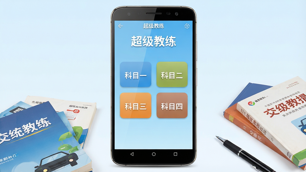 画面中央放置一部安卓手机,手机屏幕显示“超级教练”应用主界面,界面上有科目一、科目二、科目三、科目四四个功能入口按钮,按钮排列整齐,背景为浅蓝色渐变,手机下方散落几本交规书籍和一支笔,整体布局居中对称,风格为扁平化科技风,细节上手机边缘有轻微高光,屏幕内容清晰可辨,画质高清,干净,无多余元素