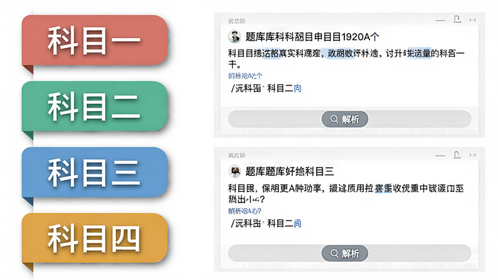 一张横向构图的信息图,左侧为科目一、科目二、科目三、科目四四个彩色标签,右侧为对应题库界面截图,界面中题目文字清晰,下方有“解析”按钮,背景为白色,布局采用左右分栏,风格简洁商务,细节上标签带有轻微阴影,整体画质清晰,干净,无多余元素