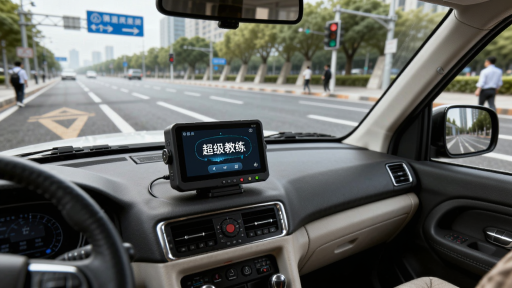 画面中一辆教练车行驶在城市道路上,车内中控台放置一台小型路考仪设备,设备屏幕显示“超级教练”语音播报界面,车外有路标和行人,布局为车辆侧前方视角,风格写实,细节上路面标线清晰,画质高清,干净,无多余元素