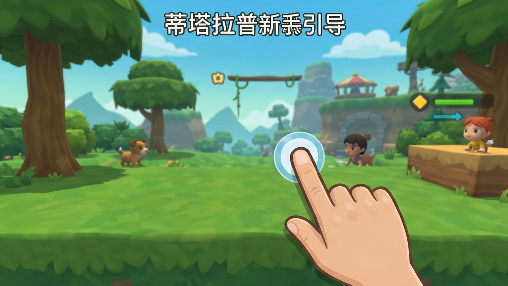 蒂塔拉普新手引导界面截图,画面展示游戏教学关卡中手指点击屏幕的提示动画,背景为游戏实际场景,风格简洁明快,画质清晰,布局直观,无多余元素