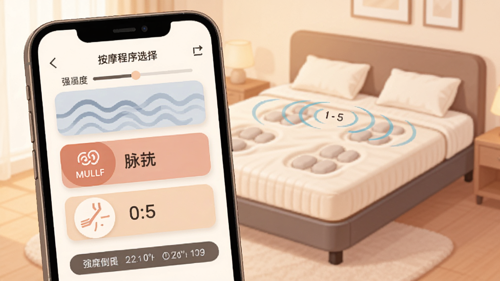 听话的床按摩功能展示,手机屏幕显示按摩程序选择界面,包含波浪、脉冲、振动等模式卡片,背景为智能床正在运行按摩功能,床面有轻微起伏示意,布局为手机屏幕特写占主导,风格为柔和暖色调插画,细节包括强度档位指示、时间倒计时、按摩波纹动画效果,画质清晰,干净,无多余元素