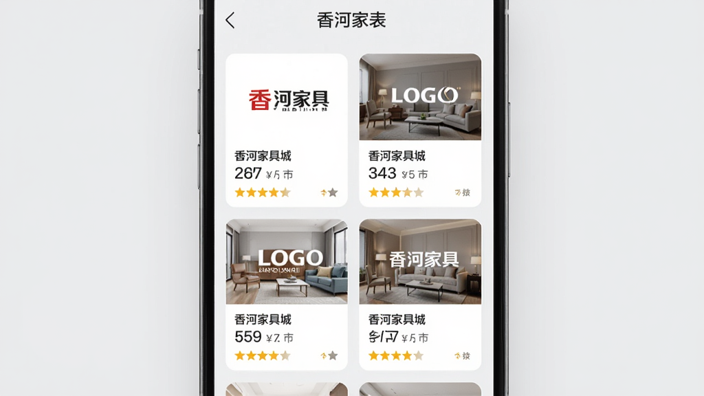 香河家具城App品牌列表页面展示,手机屏幕中显示多个家具品牌LOGO和店铺卡片排列,每张卡片包含品牌名称、主营品类和评分信息,背景为浅灰色,界面风格清爽整洁,画质高清,无杂乱元素