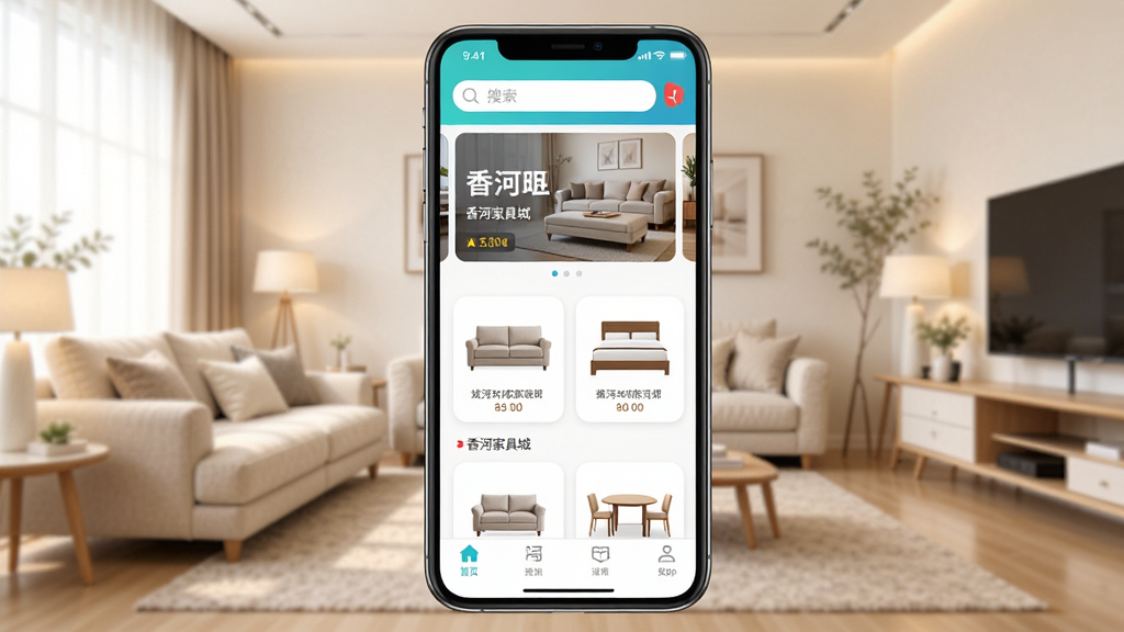 香河家具城App首页界面展示,手机屏幕中呈现家具商城首页布局,顶部搜索栏和轮播图,中部展示沙发、床、餐桌等家具分类图标,底部导航栏清晰可见,背景为明亮温馨的家居场景,整体风格简洁现代,画质清晰干净,无多余元素