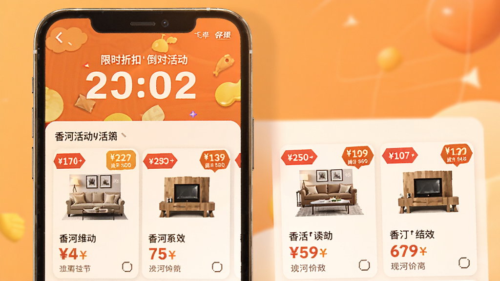香河家具城App优惠活动页面展示,手机屏幕中显示限时折扣倒计时和促销商品卡片,卡片上有醒目的价格标签和折扣标识,背景为暖色调,界面风格活泼醒目,画质清晰,无多余装饰