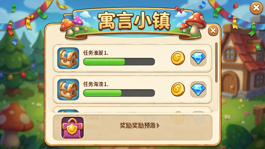 寓言小镇任务与活动界面,主体是游戏内的任务列表弹窗,布局上顶部为活动横幅,中部为任务条目,底部为奖励预览,排版整齐清晰,风格为明亮卡通手游界面,细节包括任务图标、进度条、金币与钻石奖励图标、节日彩带装饰,画面中横幅文字写有“寓言小镇”,画质高清,干净无多余元素