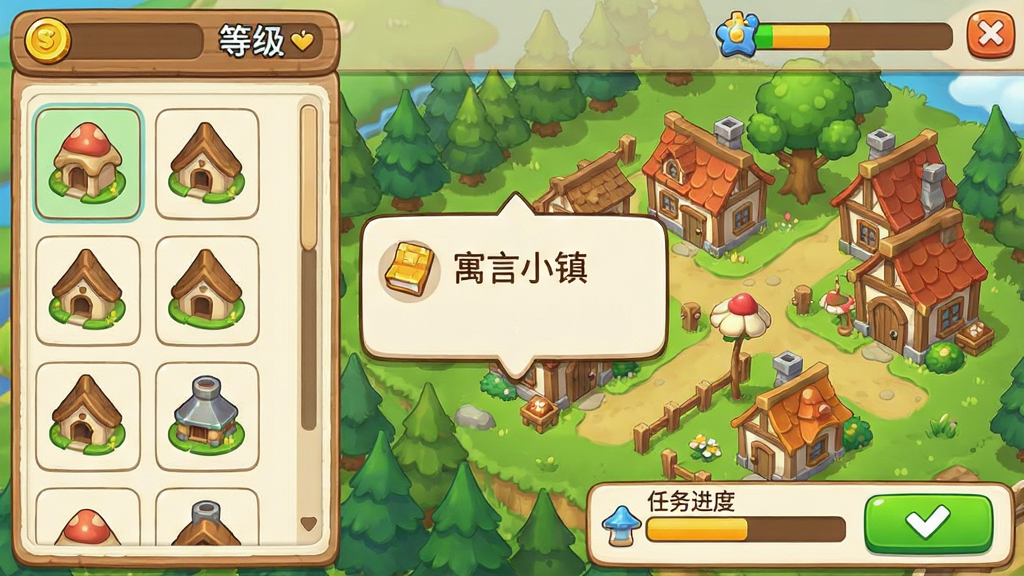 寓言小镇新手操作界面截图,主体是游戏内建造与任务面板,布局上左侧显示建筑列表,右侧为小镇场景,中间有任务提示气泡,排版简洁明了,风格为卡通休闲手游UI,细节包括金币栏、等级标识、任务进度条、绿色确认按钮,画面中任务气泡写有“寓言小镇”,画质高清,干净无多余元素