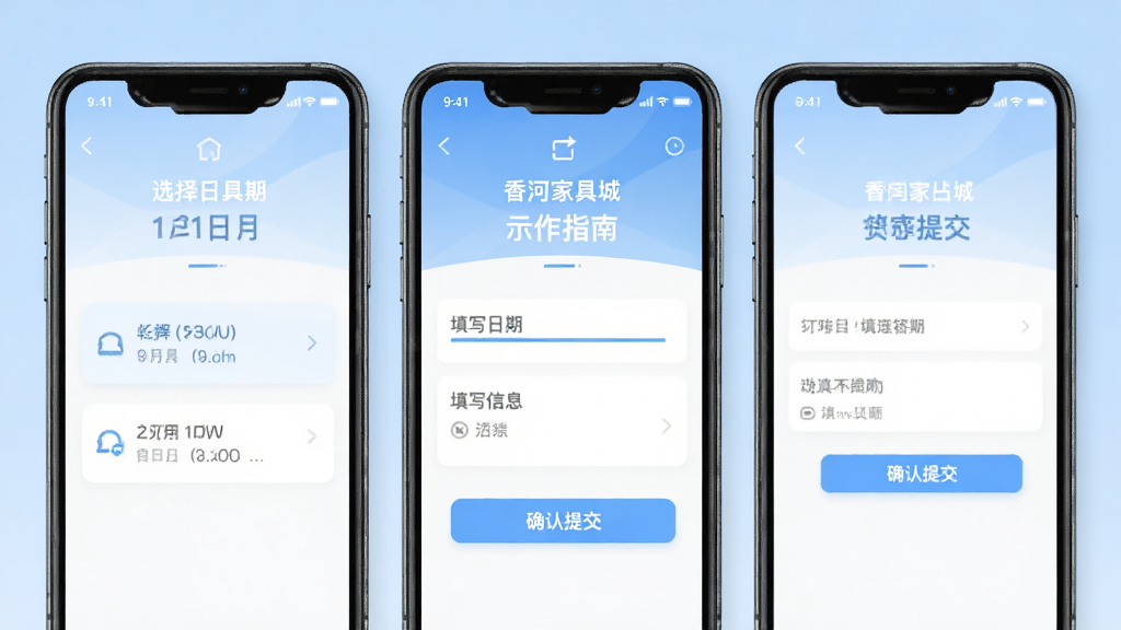 香河家具城App操作指南示意图,手机屏幕中显示预约到店流程步骤,包括选择日期、填写信息、确认提交三个界面并排展示,背景为淡蓝色渐变,风格简洁明了,画质清晰,无多余元素