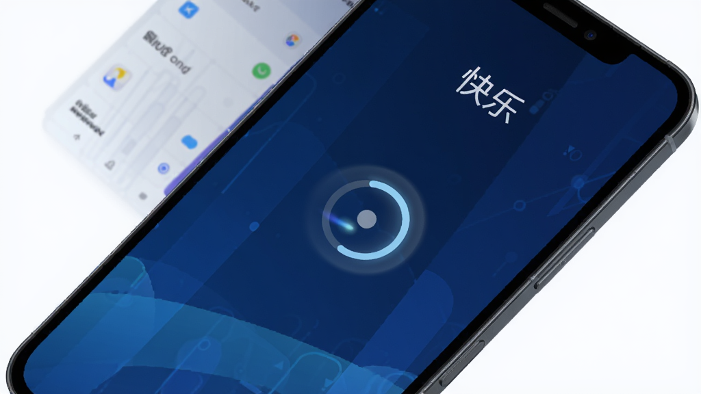 画面中一部手机屏幕显示“快乐”软件正在快速加载,屏幕中央有一个旋转的加载圆圈,背景为深蓝色科技感渐变,布局采用对角线构图,风格动感现代,细节上加载圆圈带有光效拖尾,画质清晰,干净,无多余元素