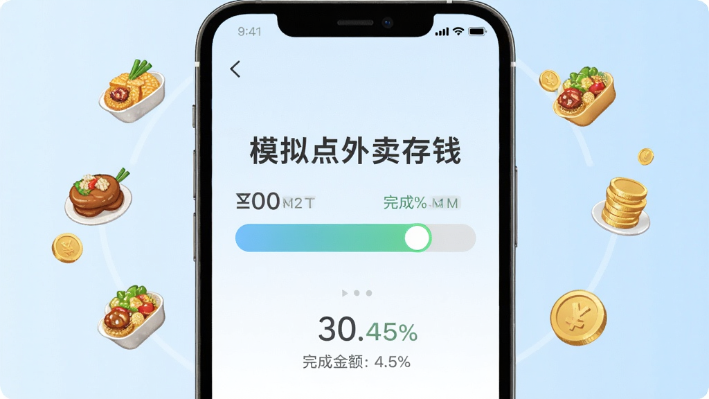 模拟点外卖存钱目标追踪界面,画面中手机屏幕显示一个进度条,进度条上方有“模拟点外卖存钱”文字,周围环绕着美食图标和金币,背景是淡蓝色渐变,风格为现代简约,细节包括目标金额数字和完成百分比,画质高清,布局整洁