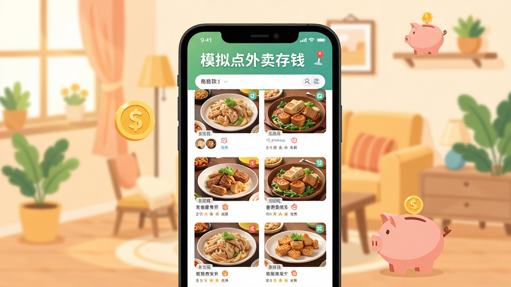 模拟点外卖存钱软件主界面展示,画面中央是一部智能手机,屏幕上显示着类似外卖平台的店铺列表和美食图片,顶部有“模拟点外卖存钱”文字标识,背景是温馨的居家环境,风格为清新扁平化插画,细节包括金币图标和存钱罐元素,画质清晰明亮,干净无多余元素