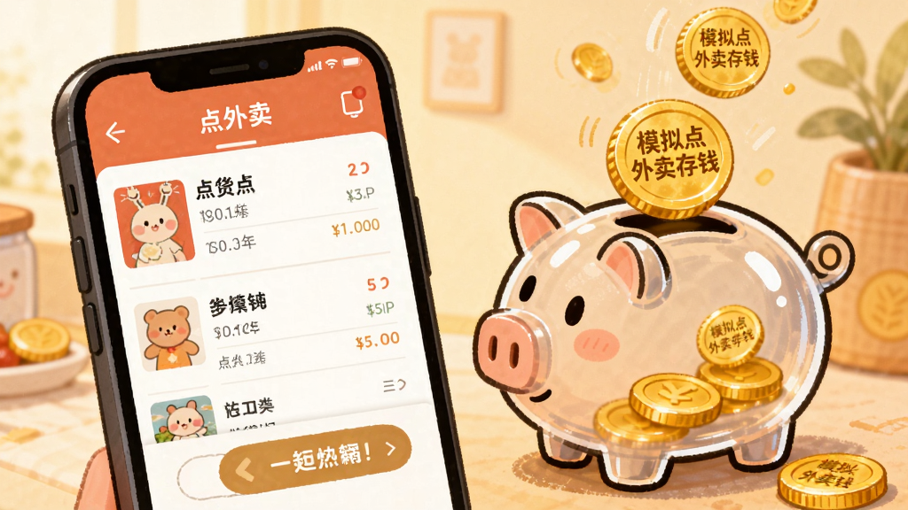 模拟点外卖存钱功能界面,画面展示手机屏幕上的外卖订单页面,旁边有一个透明的存钱罐正在接收金币,金币上刻着“模拟点外卖存钱”字样,背景是柔和的暖色调,风格为卡通手绘,细节丰富,画质干净清晰