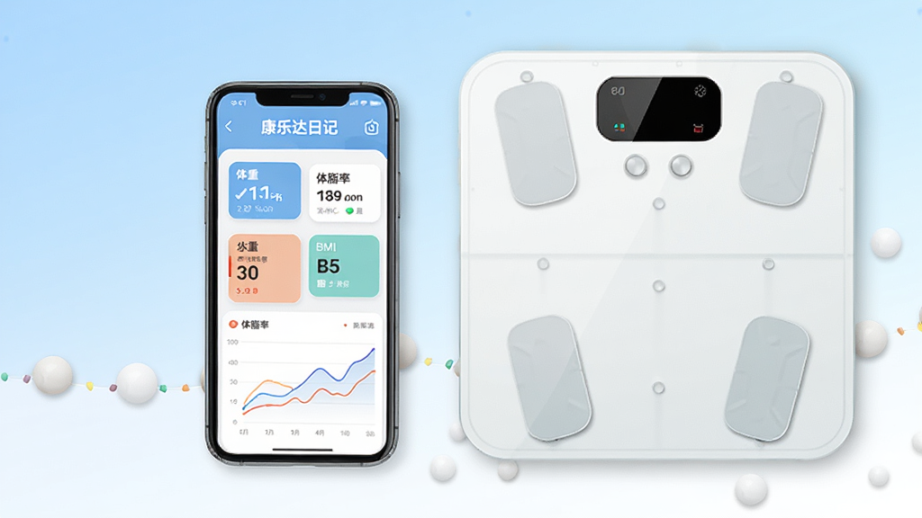 画面中央放置一部智能手机,手机屏幕显示“康乐达日记”应用主界面,界面中包含体重、体脂率、BMI等数据卡片和折线图表,手机旁边摆放一台白色智能体脂秤,整体采用浅蓝与白色渐变背景,扁平化UI风格,画面干净整洁,细节清晰,高分辨率,无多余元素