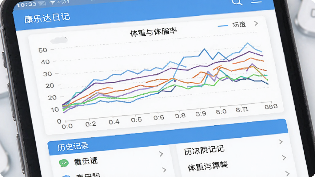 画面展示“康乐达日记”应用内的数据趋势图表页面,多条彩色折线图展示体重与体脂率变化,横轴为日期纵轴为数值,图表下方有历史记录列表,整体采用清爽的蓝白配色,扁平化设计风格,细节精致,画质干净