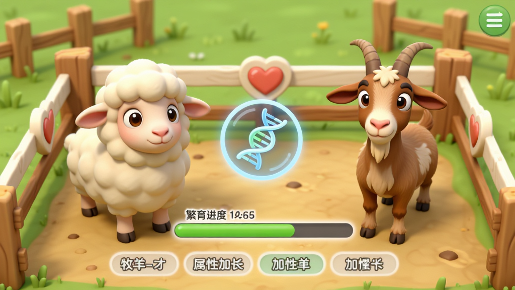 牧羊天才杂交繁育界面,画面中两只不同品种的羊站在一个带有爱心标志的围栏内,左侧是白色绵羊,右侧是棕色山羊,中间浮现出一个发光的基因螺旋图标,下方显示繁育进度条和可能获得的属性加成标签,背景是柔和的绿色草地与木制栅栏,整体风格为卡通3D渲染,画质细腻,干净整洁,无杂乱元素