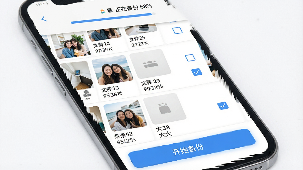 手机相册免费备份一键批量备份功能展示,主体为手机屏幕显示相册列表,每个相册右侧有勾选框,底部有“开始备份”按钮,屏幕上方有进度条显示“正在备份 68%”,背景为白色简约风格,排版清晰,细节包含相册封面、文件数量、大小标注,画质高清,干净,无多余元素