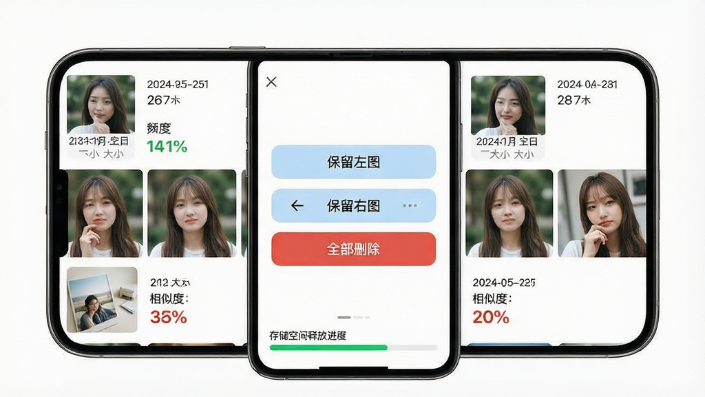 手机相册免费备份智能去重与空间清理界面,主体为手机屏幕显示重复照片对比列表,左右两侧为相似照片缩略图,中间有“保留左图”“保留右图”“全部删除”按钮,底部有存储空间释放进度条,背景为白色,排版整齐,风格为清新浅色,细节包含照片日期、大小、相似度百分比,画质高清,干净,无多余元素