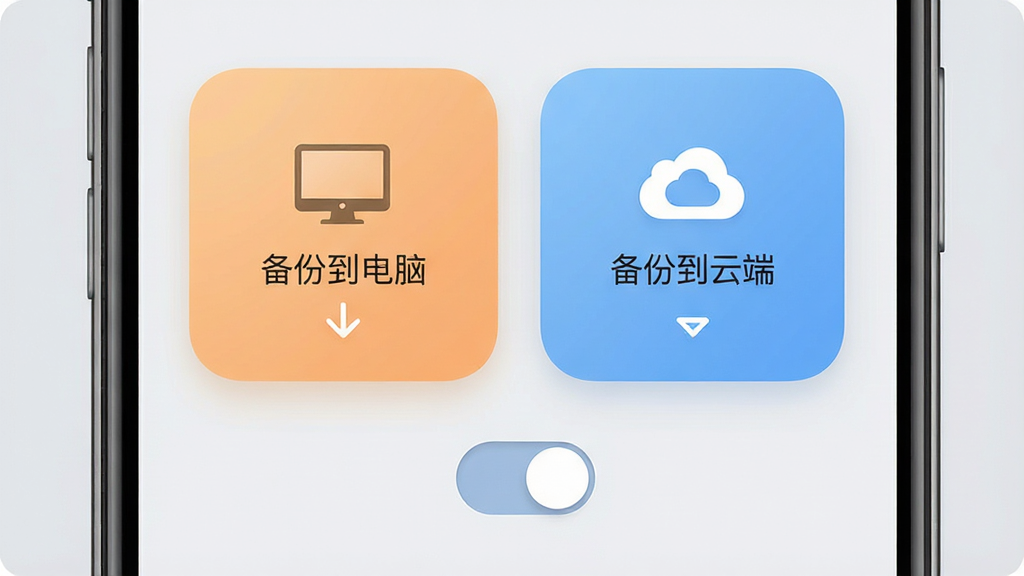 手机相册免费备份本地与云端双模式界面,主体为手机屏幕中央显示两个大按钮,左侧按钮标注“备份到电脑”,右侧按钮标注“备份到云端”,按钮下方有开关切换控件,背景为淡灰色,排版对称,风格为柔和圆角卡片设计,细节包含电脑图标、云朵图标、箭头指示,画质高清,干净,无多余元素