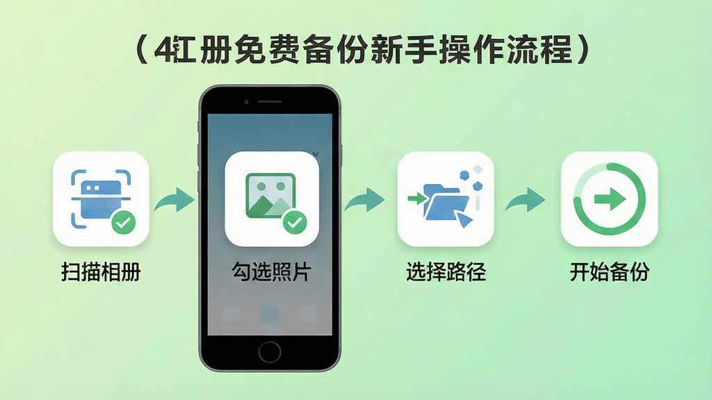 手机相册免费备份新手操作流程图,主体为手机屏幕显示四个步骤图标,依次为“扫描相册”“勾选照片”“选择路径”“开始备份”,每个步骤下方有简短文字说明,背景为浅绿色渐变,排版横向排列,风格为扁平化教程图示,细节包含箭头连接、勾选标记、进度环,画质高清,干净,无多余元素