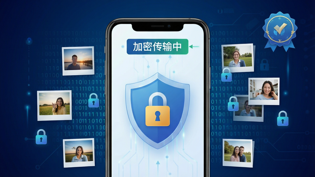 手机相册免费备份隐私保护与加密传输示意图,主体为手机屏幕显示盾牌图标与锁形图标,周围环绕照片缩略图,屏幕上方标注“加密传输中”,背景为深蓝色科技感渐变,排版居中,风格为安全防护主题,细节包含二进制代码流、加密锁、安全认证徽章,画质高清,干净,无多余元素