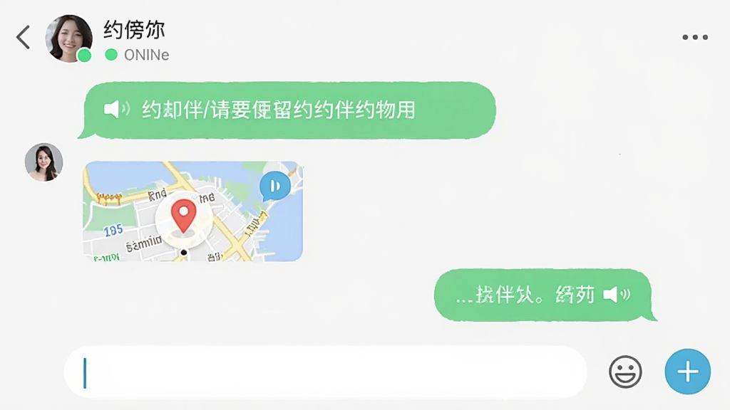 Լ��APP��������ͼ��չʾ�����û����ڹ�ͨԼ��ϸ�ڣ��Ի������а������֡���ͼλ�ú�������Ϣͼ�꣬������ʾ�Է��ǳ�������״̬���ײ�������б���ͼӺŰ�ť�����Ϊ�ִ��罻�����������֣�ɫ����ͣ������������޶���Ԫ�ء�