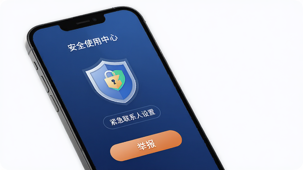 Լ��APP��ȫʹ����ʾͼ������չʾ�ֻ���Ļ�ϵİ�ȫ����ҳ�棬����ʵ����֤��ʶ��������ϵ�����ú;ٱ���ť������Ϊ����ɫ���䣬������ذ�ȫ��ϸ���ж��ƺ�����ͼ�꣬�����������޶���Ԫ�ء�