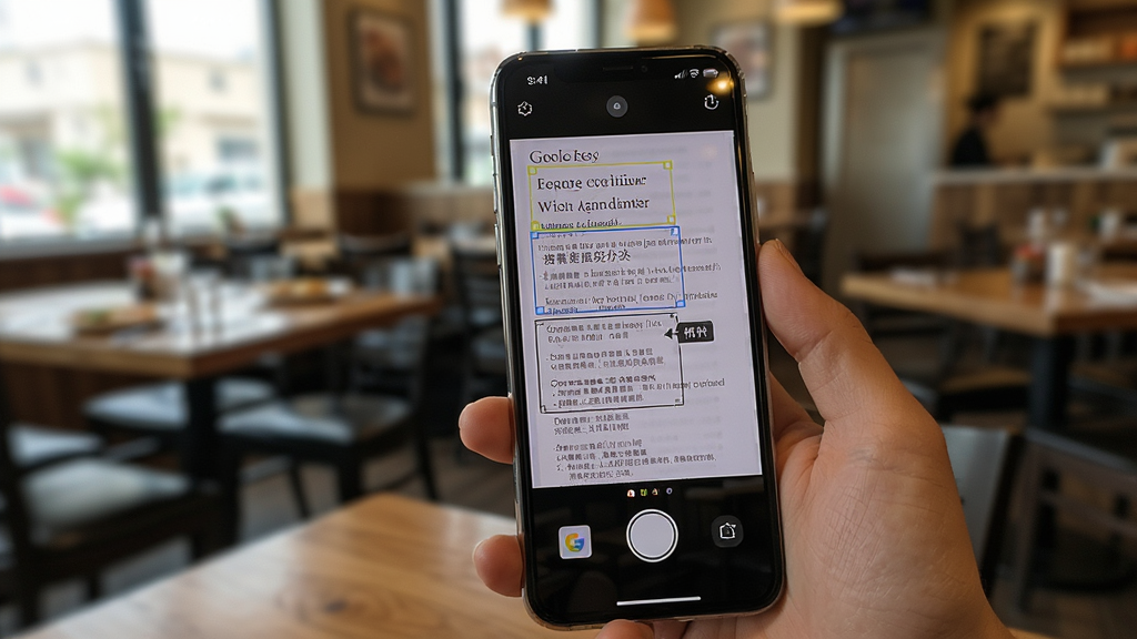Google Translate翻译应用拍照翻译功能展示图,画面中一只手拿着手机对准一份英文菜单,手机屏幕上实时显示中文翻译结果覆盖在原文上方,背景是餐厅环境虚化处理,风格写实自然,细节包括清晰的文字识别框和翻译标注,画质高清,干净整洁,无多余元素