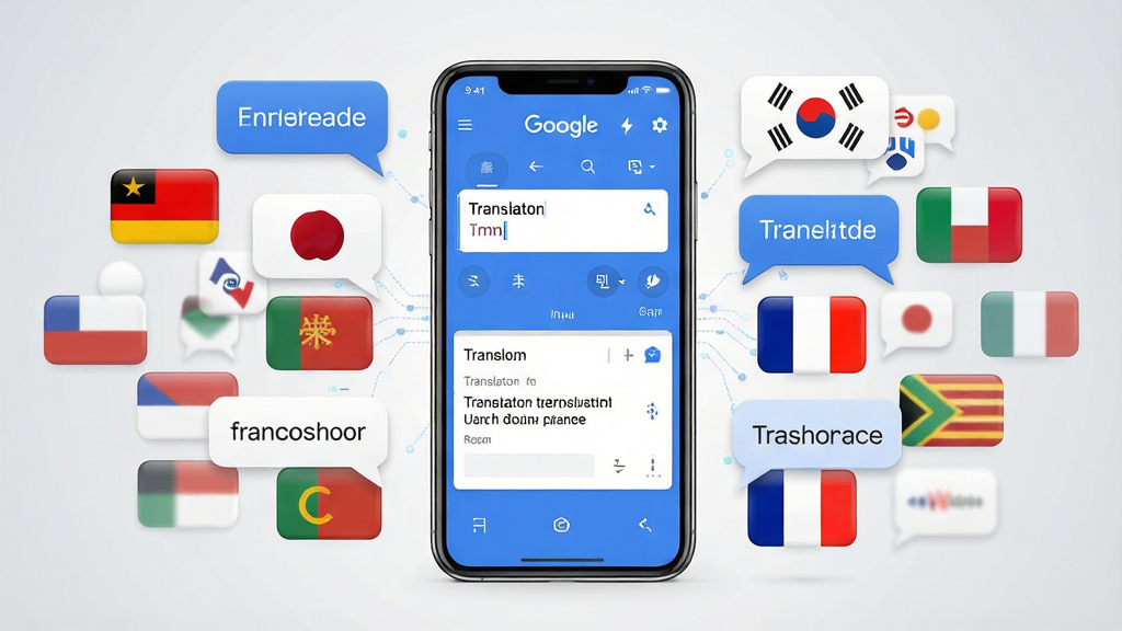 一张展示Google Translate翻译应用核心功能的全景图,画面中央放置一部智能手机,手机屏幕上显示翻译APP的蓝色界面,界面中包含文字输入框和翻译结果展示,手机周围环绕着多个国家的国旗图标和不同语言的文字气泡,如中文、英文、日文、韩文、法文等,背景是简洁的浅灰色渐变,风格现代科技感,细节包括清晰的UI图标和流畅的排版布局,画质高清干净,无多余元素