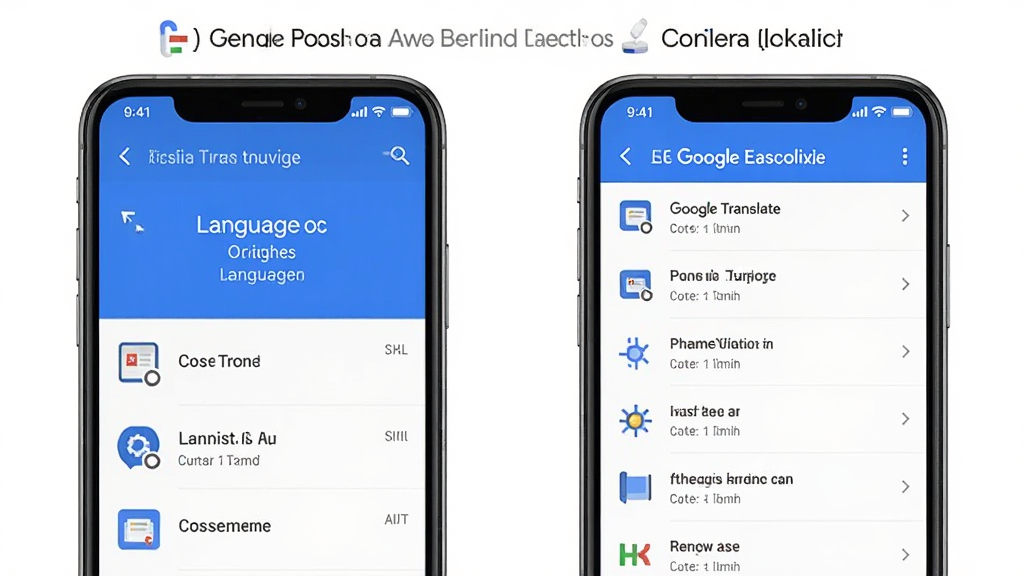 Google Translate翻译应用离线翻译与收藏夹功能示意图,画面展示一部手机屏幕分为左右两部分,左侧显示离线语言包下载管理界面,右侧展示收藏夹中的常用短语列表,界面风格清爽简洁,配色以蓝色和白色为主,细节包括清晰的图标和文字说明,画质高清,干净无多余元素