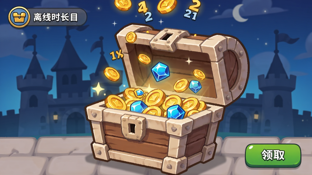 一个弓箭手城堡的离线收益结算界面,画面中央是一个巨大的木质宝箱正在打开,金色金币和蓝色经验宝石从宝箱中喷涌而出,背景是简化的城堡剪影和夜空,画面左上方标注离线时长图标,右下方有领取按钮,采用Q版卡通风格,竖版布局,主体为宝箱与金币雨,细节包含闪光特效和飘浮的数字,画质清晰明亮干净无多余元素,图中不出现任何文字