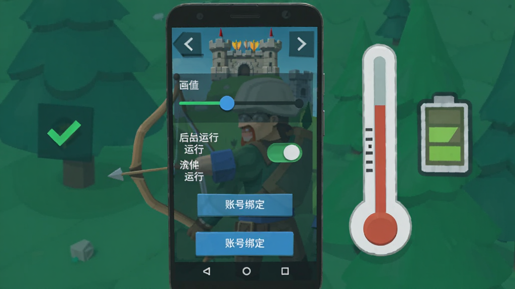 一部安卓手机屏幕显示弓箭手城堡游戏设置界面,画面中有画质调节滑块、后台运行开关、账号绑定按钮等选项,手机旁边放着一个温度计和电池图标表示功耗降低,采用扁平化科技风格,竖版布局,主体为手机与设置界面,细节包含绿色对勾和蓝色滑块,画质干净简洁无多余元素,图中不出现任何文字
