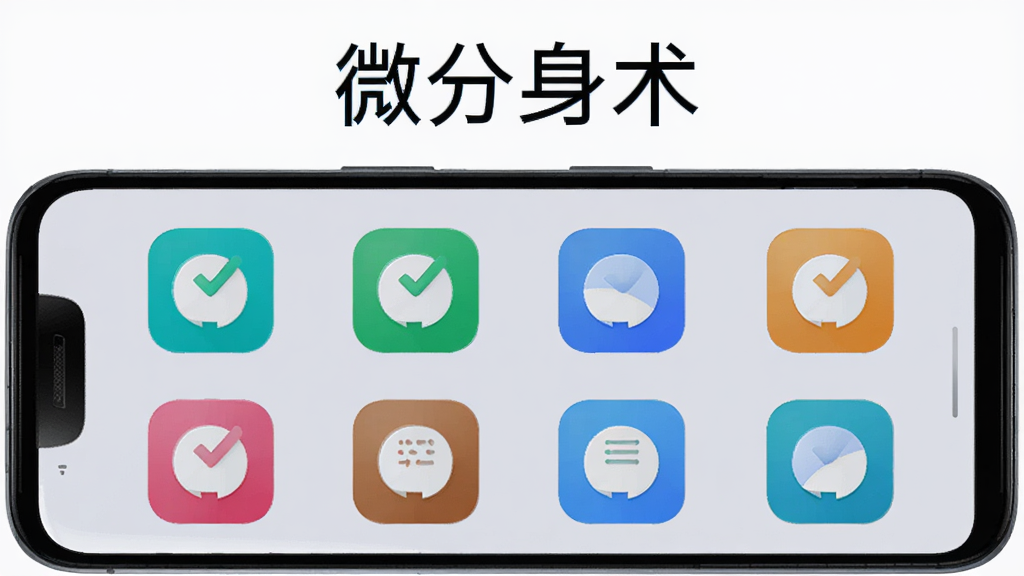 一部安卓手机屏幕显示多个应用分身图标以网格形式排列,每个图标颜色略有差异代表不同账号,背景为淡灰色,手机上方悬浮着“微分身术”字样,画面风格简约科技,细节清晰,画质干净,无多余元素