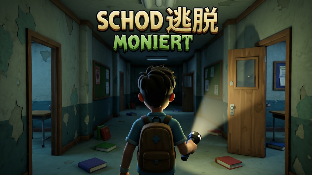学校逃脱怪物奔跑游戏主界面,主体是一个手持手电筒的学生背影站在昏暗的学校走廊中,布局采用中心构图走廊向远处延伸,排版上方留出空间展示游戏标题,风格为3D卡通渲染略带恐怖氛围,细节包括斑驳的墙壁、半开的教室门、地面散落的书本,画质高清干净无多余元素
