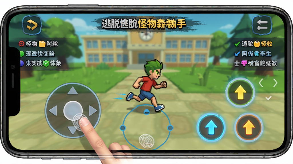 学校逃脱怪物奔跑新手教程界面,主体是手机屏幕显示虚拟摇杆和跳跃按钮,布局采用横屏游戏画面,排版将操作提示文字放在屏幕两侧,风格为游戏UI教学界面,细节包括手指触控位置、按钮高亮效果、角色奔跑动画,画质高清干净无多余元素