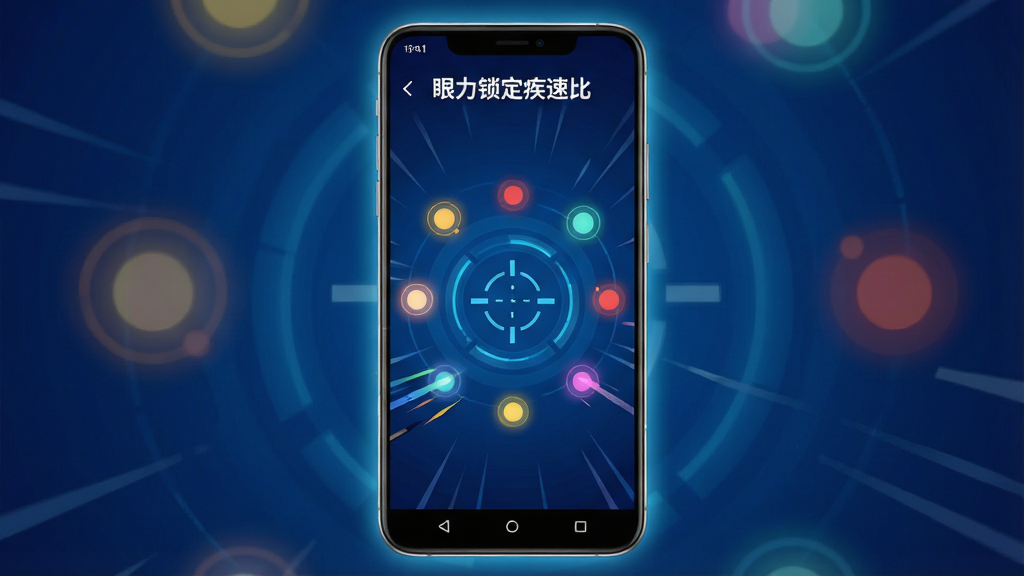 一张展示“眼力锁定疾速比”软件界面的手机预览图,画面中央是一部竖屏安卓手机,屏幕上显示着色彩鲜明的动态目标锁定画面,有多个圆形光点和一个准星锁定标识,背景是深蓝色渐变科技风,周围环绕着速度线效果,排版采用居中构图,风格为现代扁平化UI加轻微拟物光影,细节上手机边缘有光晕,画质清晰干净,无多余元素