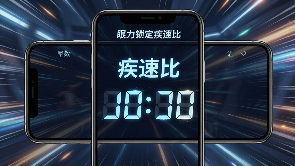 一张展示“眼力锁定疾速比”计时与得分界面的手机截图风格图片,画面中手机屏幕显示着“疾速比”分数和倒计时数字,背景有速度感线条和动态光效,布局为手机居中放置,风格为电竞科技风,细节上数字有发光效果,画质高清干净,无多余元素