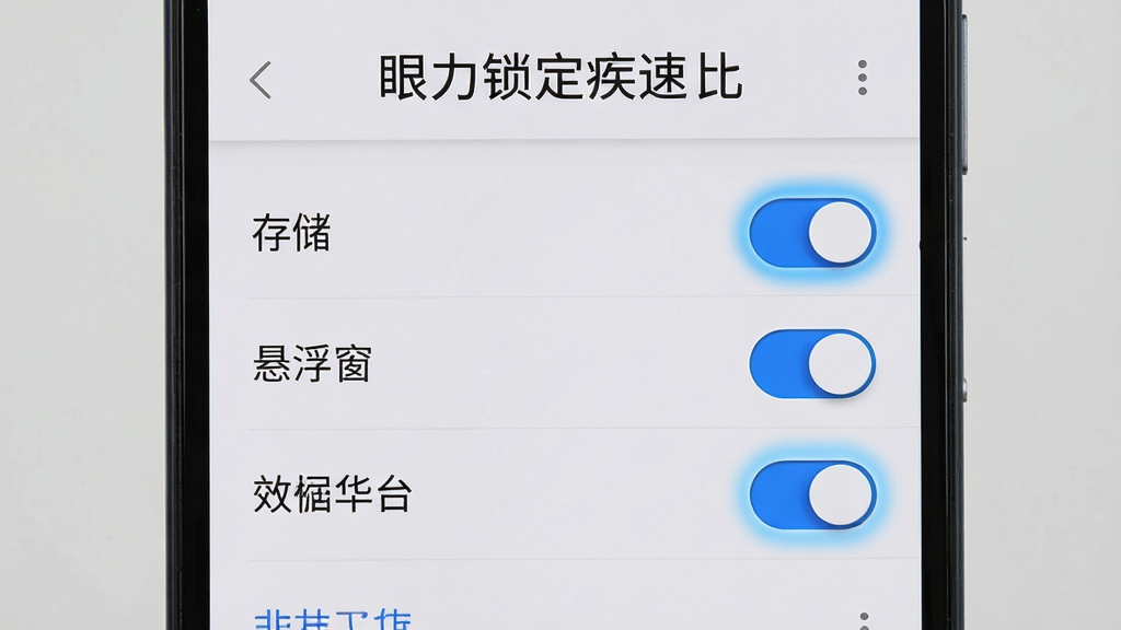 一张展示“眼力锁定疾速比”在安卓手机上运行时的设置权限界面示意图,画面中手机屏幕显示权限管理页面,有存储、悬浮窗等开关选项,背景为浅灰色,布局为手机正面特写,风格为实用教程类截图风,细节上开关按钮有高亮标注,画质清晰干净,无多余元素