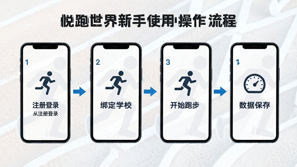 悦跑世界新手使用操作流程图,画面以手机屏幕截图串联形式展示从注册登录、绑定学校、开始跑步到数据保存的完整步骤,每一步有简洁图标与文字标注,背景为浅色运动纹理,布局采用横向流程排版,风格教程图解风,细节包含箭头指引与步骤序号,画质清晰,干净,无多余元素