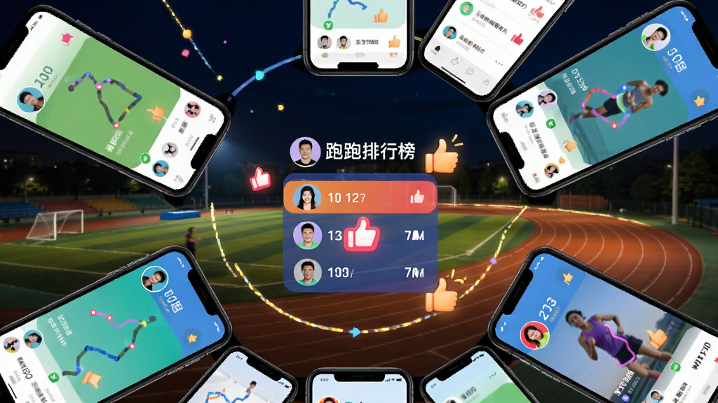 悦跑世界社交跑团功能展示图,画面中多部手机围成圆形,每部屏幕显示不同跑友的动态与轨迹分享,中央有跑团排行榜和点赞图标,背景为操场夜景与灯光跑道,布局采用环形构图,风格社交活力风,细节包含头像、点赞手势和排行榜数字,画质鲜艳,干净,无多余元素